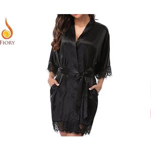 Fiory Kimono Zwart| Badjas | Met kant | Sexy Nachtkleding| zwart| Maat M