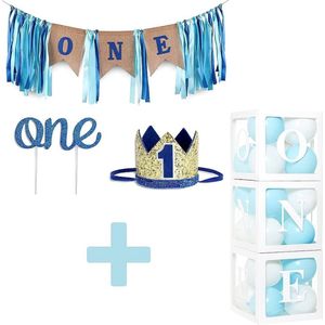 33-delige Cakesmash set met jute, wit, blauw en goud met stoelslinger, hoedje, ballonblokken, ballonnen en taart topper - cakesmash - 1 - eerste - verjaardag - ballondoos - ballonbox - slinger - hoed - taarttopper