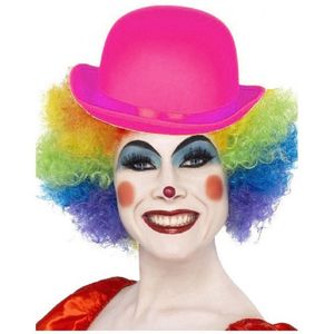 Clown verkleed set gekleurde pruik met bolhoed roze - Carnaval clowns verkleedkleding en accessoires