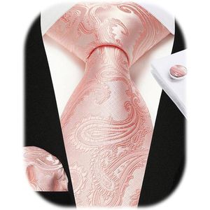 Stropdas voor heren - Paisley zijden stropdas met pochet en manchetknopen in effen kleuren