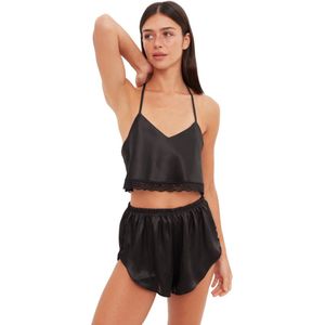 Trendyol Bruine Kanten Touwband Satijnen Crop Shorts Geweven Pyjamaset