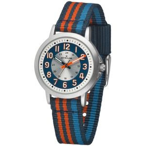 ATRIUM Horloge - Kinderen - Jongens - Blauw & Oranje & Fel Blauw - Analoog - 3 Bar Waterdicht - Leercijferblad - Duidelijk - Nylonband (13-17,5 cm. polsomtrek) - Quartz Uurwerk - A50-12