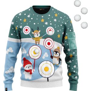 JAP Christmas Interactieve Kersttrui (maat 3XL) - 100% Gerecycled - Kriebelt niet - Kerstcadeau volwassenen - Foute Kersttrui dames en heren XXXL - Bal werpen (Inclusief 4 ballen) - Blauw