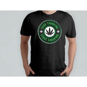 Stop thinking start smoking - T Shirt - Sweet - Green - Groen - Blunt - Happy - Relax - Good Vipes - High - 4:20 - 420 - Mary jane - Chill Out - Roll - Smoke