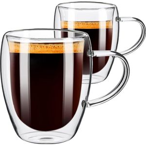 Cappuccino Kopjes Set van 2, 350 ml Latte Macchiato Glazen, Dubbelwandige Glazen met Handvat, Espresso Kopjes Gemaakt van Borosilicaatglas, Koffieglazen Geschikt voor Vaatwasser