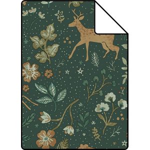 Proefstaal ESTAhome behang bos met bosdieren donkergroen en beige - 26,5 x 21 cm - 139587-S