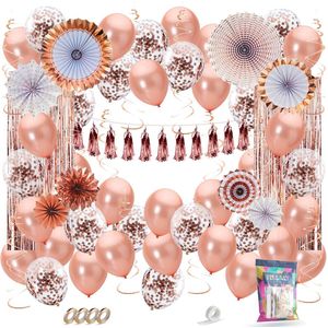 Fissaly 68 stuks Rose Goud XL Decoratie Feestpakket – Ballonnen & Slingers – Feest Versiering