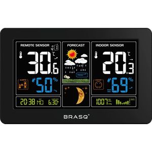 BRASQ Draadloos Weerstation binnen en buiten - Hygrometer - Luchtvochtigheidsmeter - Met buitensensor tot 60 meter - Thermometer - Barometer - inclusief batterijen