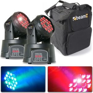 SET VAN 2 BEAMZ MHL108MK4 COMPACTE MOVING HEADS MET TAS