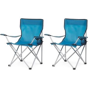 Opvouwbare campingstoel set van 2 - Blauw - Visstoel met armleuningen en bekerhouder - Voor outdoor camping tuin strand terras - 82 x 50 x 80 cm (b-x-d-x-h)