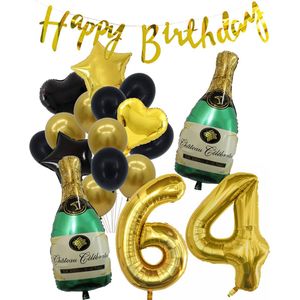 64 Jaar Verjaardag Cijferballon 64 - Feestpakket Snoes Ballonnen Pop The Bottles - Zwart Goud Groen Versiering