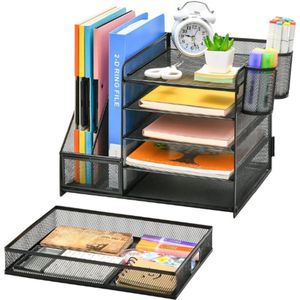 Bureau Organizer Met Ordnerhouder - 5 Lagen Brievenbakje - Bureau Opbergvak Met Lade En 2 Pennenhouders - Mesh Bureau Accessoires - Tijdschriftenhouder Voor Huis - Kantoor - Zwart
