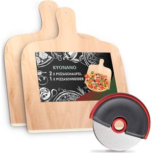 KYONANO Pizzaschep, 2 houten pizzaschep + 1 pizzasnijder roestvrij staal, pizzaschep van berkenhout, 30 x 42 cm broodschep, pizzaschep voor pizzasteen (set van 3)