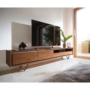 Tv-meubel Stonegrace acacia bruin steenfineer 240 cm 2 deuren 2 laden 1 legplank V-poot zwart Tv-meubel