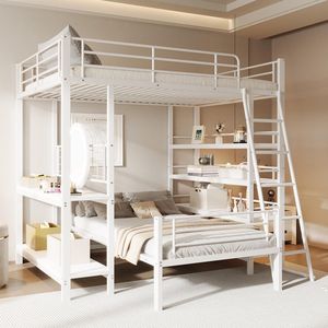 Pugsdrly Eenpersoonsbed Kinderbed Stapelbed met metalen frame, mezzaninebed 140x200 cm, bed met meerdere opbergvakken wit