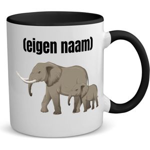 Akyol - olifant en kleine met eigen naam koffiemok - theemok - zwart - Olifant - dieren liefhebber - mok met eigen naam - iemand die houdt van olifanten - verjaardag - cadeau - kado - geschenk - 350 ML inhoud