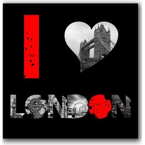 Dibond - Stad / Londen - Collage London in rood / wit / zwart / grijs - 100 x 100 cm.