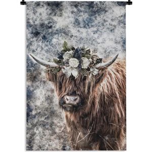 Wandkleed Schotse HooglanderKerst illustraties - Schotse hooglander met bloemen op zijn kop Wandkleed katoen 120x180 cm - Wandtapijt met foto XXL / Groot formaat!