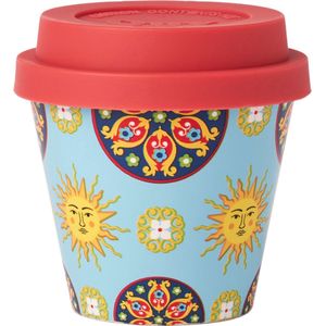 Quy Cup - 90ml Ecologische Reis Beker - Espressobeker “Sicily - Sicilië” met Rode Siliconen deksel 7x7x7cm
