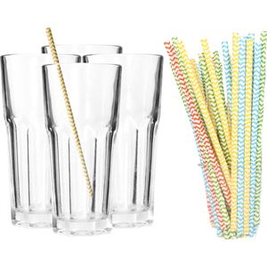 Longdrink glazen - 4 stuks - 280 ml - incl. 100x papieren rietjes