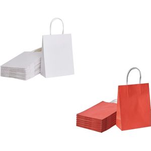50 x Draagtassen Met Gevlochten Oren - 18x8x22cm / 25 x wit 25 x rood papieren tassen Kraft Papieren Tasjes Met Handvat/ Cadeautasjes met gedraaid handgrepen / Zakjes/
