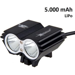 SolarStorm X2 MTB/race LED koplamp 2x CREE T6 LED klein maar EXTREEM veel licht - USB aansluiting - met 5.000mAh LiPo powerbank - Zwart