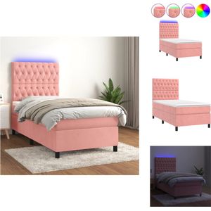 vidaXL Boxspring Bed - Fluweel - Roze - 203 x 100 x 118/128 cm - Verstelbaar hoofdbord - LED-verlichting - Bed