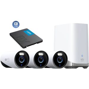 eufy Security E330 Buitencamera's, 3 Pack met HomeBase 3 – Outdoorcam set - 4K Ultra HD-resolutie, 24/7 opname, wifidekking van 464 m², AI-gezichtsherkenning, bedrade beveiligingscamera's voor buiten + 1TB SSD opslag