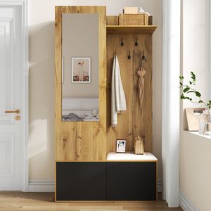 Pugsdrly De garderobeset bestaat uit 5 hakhaken, een spiegel, een schoenenkast, een bovenplank met een verborgen ruimte om kleding op te hangen en een bankje voor in de gang.