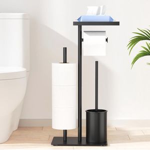 Roestvrijstalen toiletpapierhouder met wc-borstel en vochtige doekjesbox - Staand ontwerp met legplank voor extra gemak