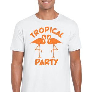 Bellatio Decorations Tropical party T-shirt heren - met glitters - wit/oranje - carnaval/themafeest XXL
