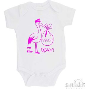 100% katoenen Romper Aankondiging Zwangerschap ""Baby on the way""! 2.0"" Ooievaar Meisjes Katoen Wit/fluor pink Maat 56/62