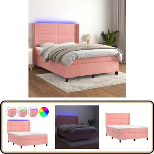 vidaXL Boxspring met matras en LED - Roze - 140x200 cm Boxspring - Fluweel Bed - Roze Bed - Led Bed - King Size Bed