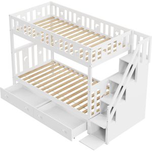 Merax Stapelbed 90x200 cm met 2 Opberglades - Kinderbed Hoogslaper met Uitvalbeveiliging en Trap - Wit