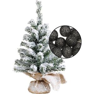 Mini kunst kerstboom besneeuwd - met verlichting bollen zwart - H45 cm