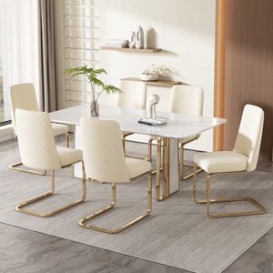 Fluwelen eetkamerstoel - Set van 6 - Luxe, woonkamer, slaapkamer, lounge stoel - Ruitvormige rugleuning met goudkleurige metalen steunpoten - Beige Gouden