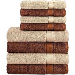 Set van 8 handdoeken van 100% katoen, 4 badhanddoeken 70x140 en 4 handdoeken 50x100 cm, badstof, zacht, groot, bruin/beige
