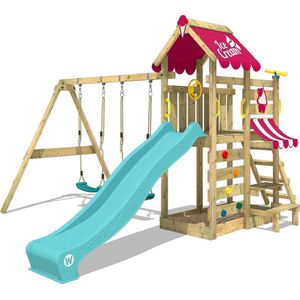 WICKEY speeltoestel klimtoestel VanillaFlyer met schommel, roze zeil & turquoise glijbaan, outdoor kinderspeeltoestel met zandbak, ladder & speelaccessoires voor de tuin