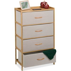 Relaxdays ladekast - halkast - opbergkast - bijzetkast - dressoir bamboe - 4 stoffen lades - beige