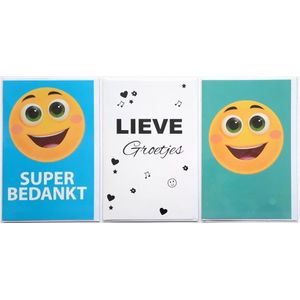 3 Wenskaarten - Super Bedankt + Lieve Groetjes + Blanco Kaart Smiley - 12 x 17 cm – BED-302