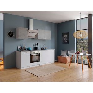 Goedkope keuken 210  cm - complete keuken met apparatuur Malia  - Wit/Beton - soft close - keramische kookplaat  - afzuigkap - oven  - spoelbak