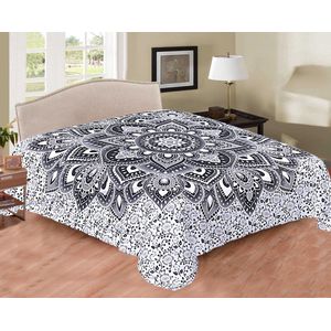 2 persoons Sprei - Katoenen bedsprei - Mandala - Zwart/wit/Grijs - 200x210 - Lotus - katoen/polyester