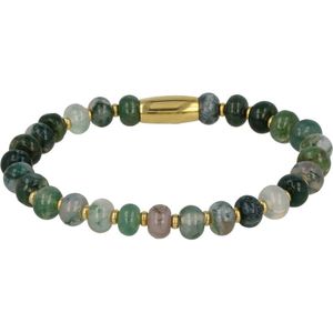 My Bendel Elastische armband met Moss Agate edelsteen goudkleurig - Klassieke goudkleurige armband met Moss Agate edelstenen - Met luxe cadeauverpakking