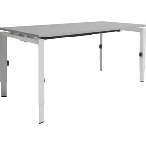 Linesto N3 bureau, hoogte instelbaar (65-85cm) met 180x80cm havana/ kersen licht zwevend 25mm blad en aluminium (RAL9006) vierpoot N-frame (poot driehoekig 50x50x75 mm.), (met geïntegreerde kabelgoot)