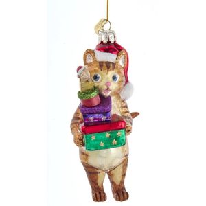 Kerstfiguur - decoratieve hanger kat met kerstmuts - kerstbal in glas