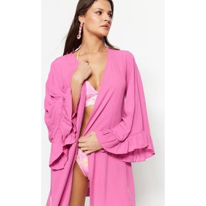 Trendyol Zwarte Kimono En Kaftan Van Viscose Met Stippen En Ruches Tbess21Km0002