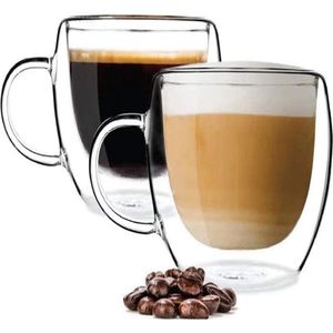 2 x 350 ml dubbelwandige glazen koffieglazen, latte macchiato glazen set cappuccino glazen thermokopjes dubbelwandig glas