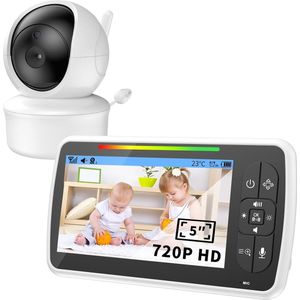 Babyfoon met Camera - Lange Accuduur - Baby Monitor 5 inch - Op Afstand Bestuurbaar - Infrarood Nachtzichtfunctie - Timing & Muziek