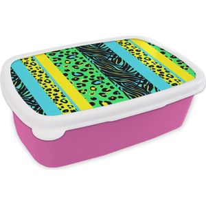 Broodtrommel Roze - Lunchbox - Brooddoos - Design - Panterprint - Geel - Groen - 18x12x6 cm - Kinderen - Meisje