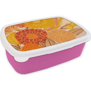 Broodtrommel Roze - Lunchbox - Brooddoos - Vintage - Boeket - Bloemen - Geel - Kleuren - 18x12x6 cm - Kinderen - Meisje